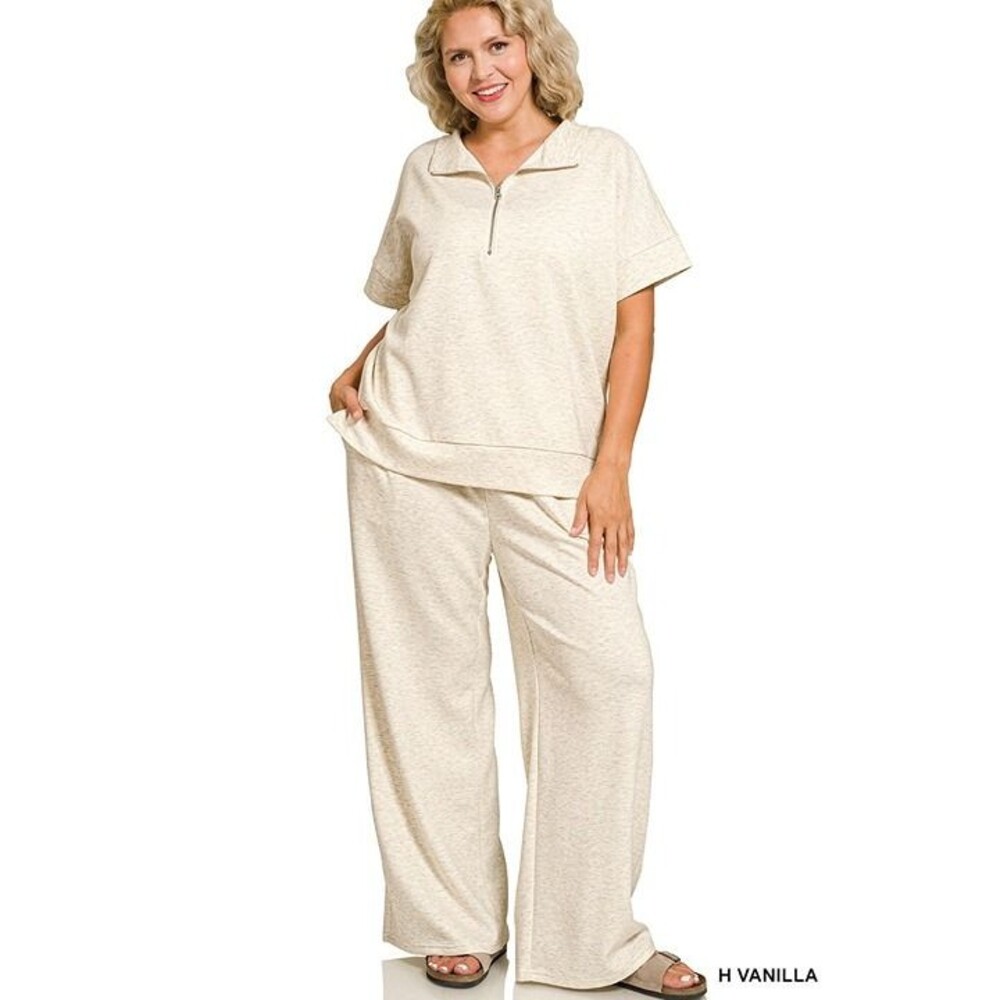 Brand New Size 2X Zenana Scuba High Neck Half Zip Top & Pants Set - Heather Vani